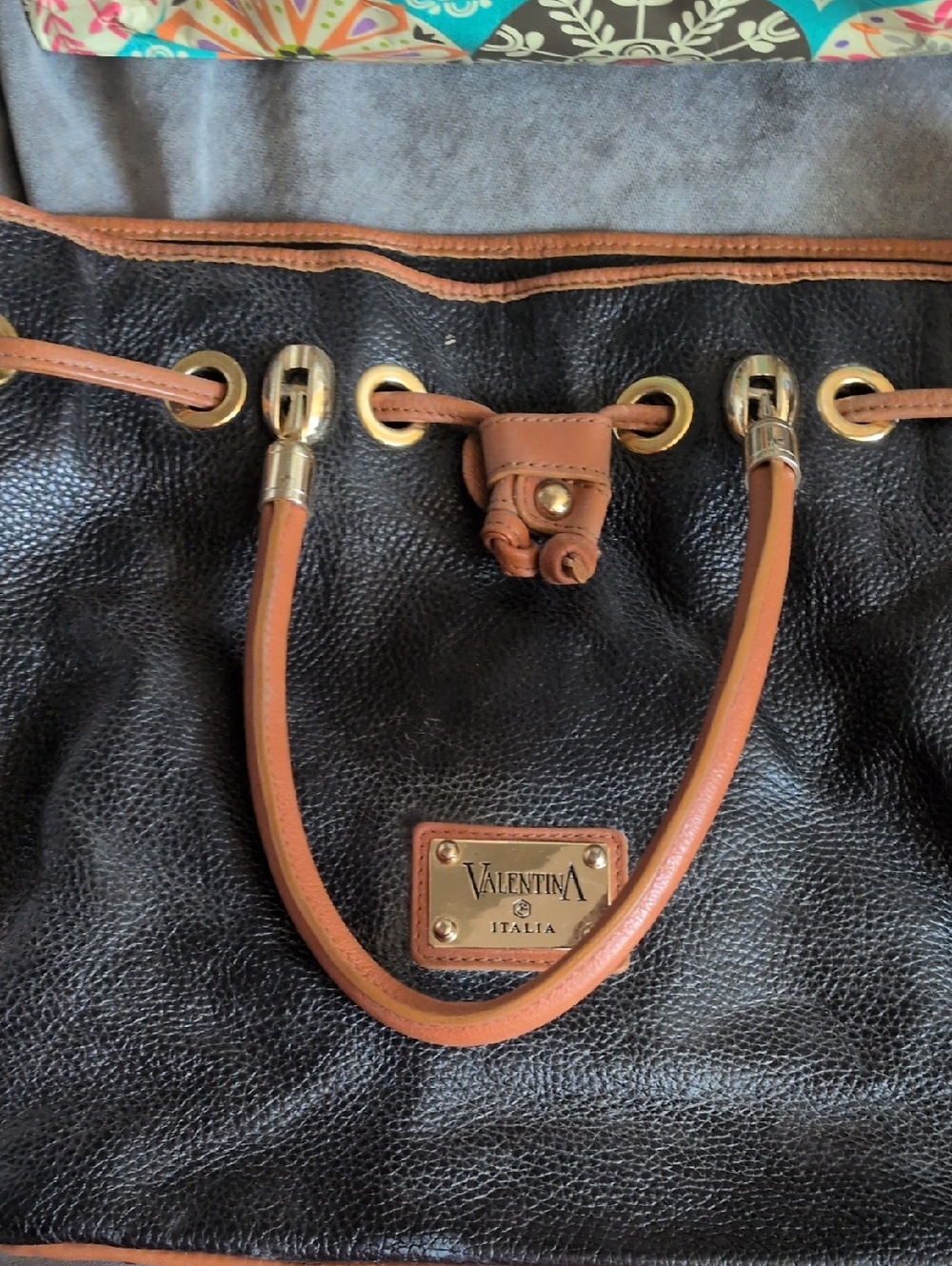 Valentina Black Leather Messenger Bag with Tan Trim